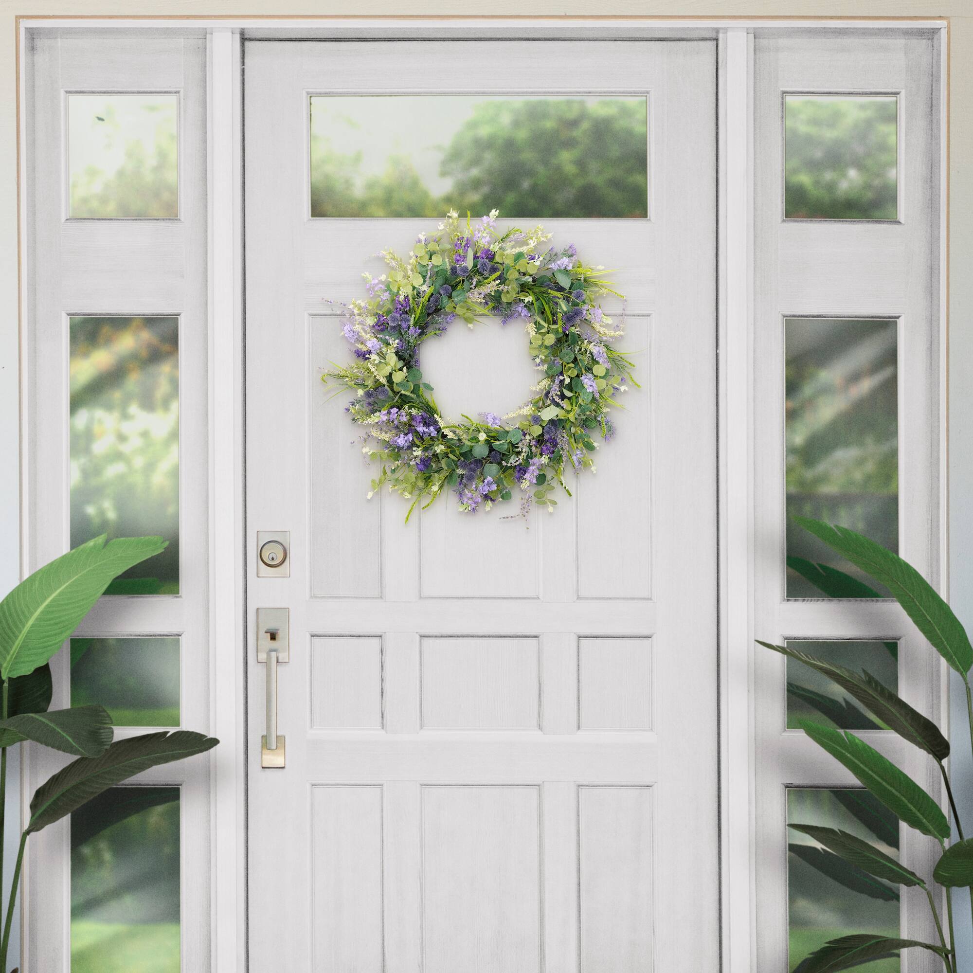 6 Pack: 30'' Green Eucalyptus & Purple Floral Spring Wreath